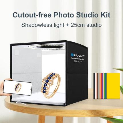 PULUZ 25cm Folding Portable High CRI Ring LED Photo Lighting Studio Tent Box + Shadowless Light Lamp Panel Pad with 12 Colors Backdrops, Size: 25cm x 25cm x 25cm, 25cm High CRI Box + Shadowless Light