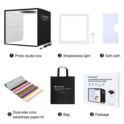 PULUZ 25cm Folding Portable High CRI Ring LED Photo Lighting Studio Tent Box + Shadowless Light Lamp Panel Pad with 12 Colors Backdrops, Size: 25cm x 25cm x 25cm, 25cm High CRI Box + Shadowless Light
