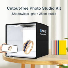 PULUZ 25cm Folding Portable High CRI Ring LED Photo Lighting Studio Tent Box + Shadowless Light Lamp Panel Pad with 12 Colors Backdrops, Size: 25cm x 25cm x 25cm, 25cm High CRI Box + Shadowless Light, 25cm High CRI Box + Shadowless Light (RU)