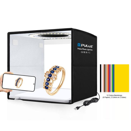 PULUZ 25cm Folding Portable High CRI Ring LED Photo Lighting Studio Tent Box + Shadowless Light Lamp Panel Pad with 12 Colors Backdrops, Size: 25cm x 25cm x 25cm, 25cm High CRI Box + Shadowless Light
