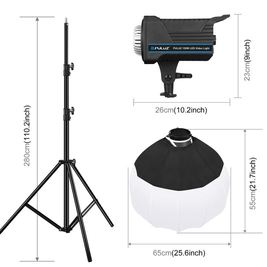 PULUZ 220V 150W 3200K-5600K Studio Video Light + 2.8m Light Holder + 65cm Foldable Lantern Softbox Photography Kit, 120W 3200-5600K Light Kit US Plug, 120W 3200-5600K Light Kit AU Plug, 120W 3200-5600K Light Kit EU Plug, 120W 3200-5600K Light Kit UK Plug