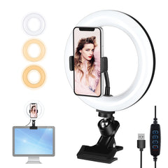 PULUZ 7.9 inch 20cm Ring Selfie Light + Monitor Clip 3 Modes USB Dimmable Dual Color Temperature LED Curved Vlogging Photography Video Lights Kits with Phone Clamp, 7.9 inch+Clip