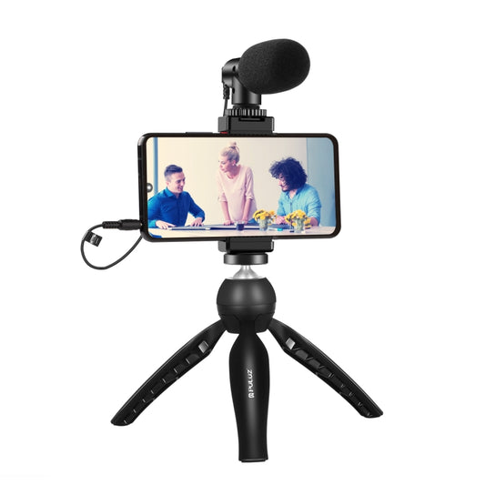 PULUZ Live Broadcast Smartphone Video Vlogger Kits Mikrofon + Stativhalterung + Telefonklemmhalter, Mikrofon + Stativ + Lampe