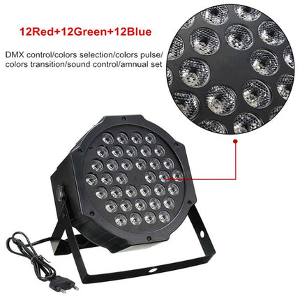 36W 36 LEDs DMX512 RGB LED PAR Light with Remote Control, Strobe + Sound Control + Self-propelled, AC 100-240V, RGB with Remote Control