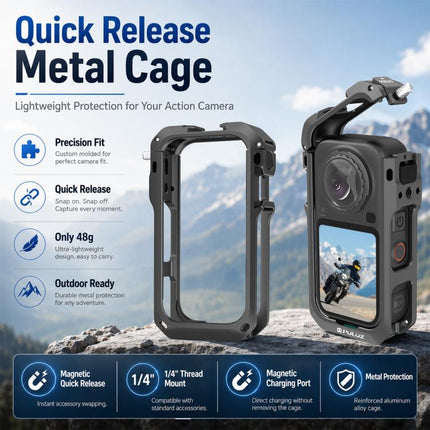 For Insta360 X6 PULUZ Metal Protective Cage Rig Housing Frame with Lens Cover, Support X6 Rechargeable Remote Selfie Stick