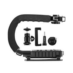 PULUZ U/C Shape 3-Head Cold Shoes Portable Handheld DV Bracket Stabilizer Kit with Cold Shoe Tripod Head & Phone Clamp & Quick Release Buckle & Long Screw for All SLR Cameras and Home DV Camera, C-Shaped Bracket Kits