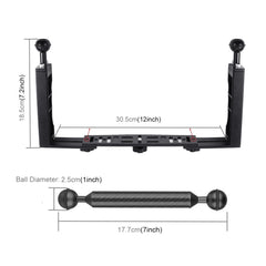 PULUZ Aluminium-Tablett-Stabilisator mit zwei Griffen und 4 x Doppelkugel-Klemme aus Aluminiumlegierung &amp; 2 x 7-Zoll-Schwimmarm &amp; 2 x Kugelkopfadapter für Unterwasser-Kameragehäuse, 4 x Doppelkugel