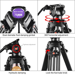 PULUZ Professional Heavy Duty Video Camcorder Aluminum Alloy Tripod with Fluid Drag Head for DSLR / SLR Camera, Adjustable Height: 80-160cm, 80-160cm Tripod