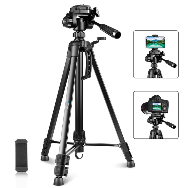 PULUZ Aluminum Selfie Live Tripod Mount with Three-dimensional Head & Phone Clamp, Adjustable Height: 55-139cm