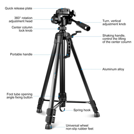 PULUZ Aluminum Selfie Live Tripod Mount with Three-dimensional Head & Phone Clamp, Adjustable Height: 55-139cm