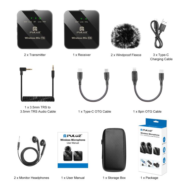 PULUZ 2 TX + 1 RX Wireless Lavalier Microphone