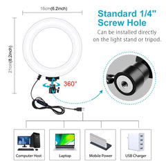 PULUZ 6.2 inch 16cm USB 3 Modes Dimmable LED Ring Vlogging Photography Video Lights with Tripod Ball Head, 6.2 inch, 6.2 inch Light