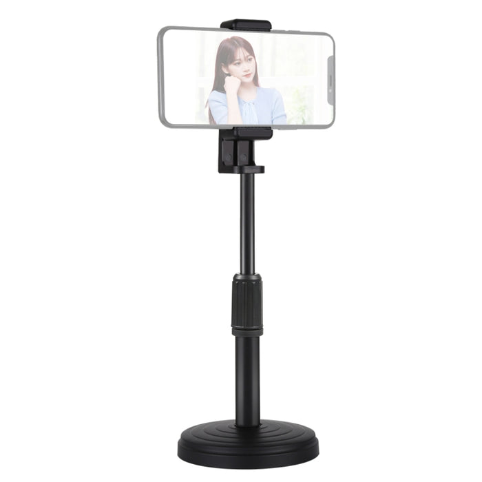 Soporte de escritorio de base redonda PULUZ con abrazadera para teléfono, altura ajustable: 15,5 cm-25,5 cm, soporte de escritorio