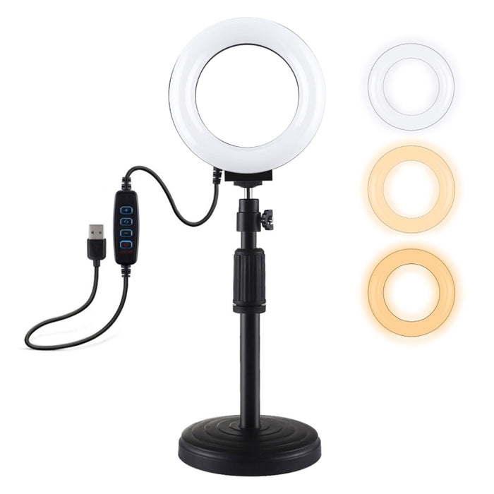Soporte de escritorio de base redonda PULUZ + anillo de luz LED regulable por USB de 3 modos de 12 cm y 4,7 pulgadas para videoblogs, altura ajustable: 15,5 cm-25,5 cm, soporte de escritorio + 4,7 pulgadas
