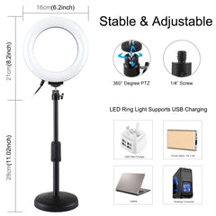 PULUZ Round Base Desktop Mount + 6.2 inch 3 Modes USB Dimmable LED Ring Vlogging Video Light, Adjustable Height: 18cm-28cm, Desktop Mount+6.2 inch