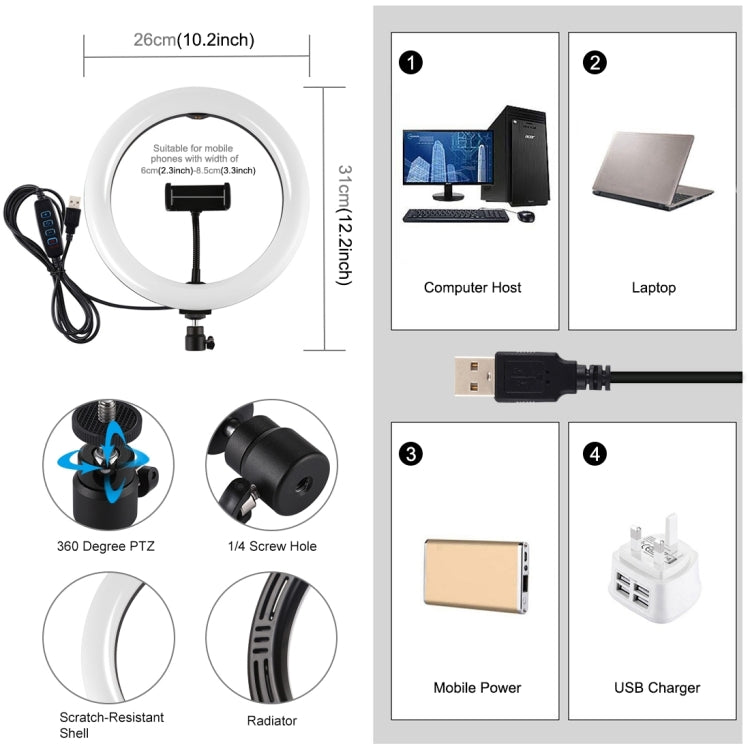 PULUZ 10,2 pulgadas 26 cm USB 3 modos regulable LED anillo vlogging selfie belleza fotografía video luces con trípode cabeza de bola y abrazadera de teléfono, 10,2 pulgadas, 10,2 pulgadas luz