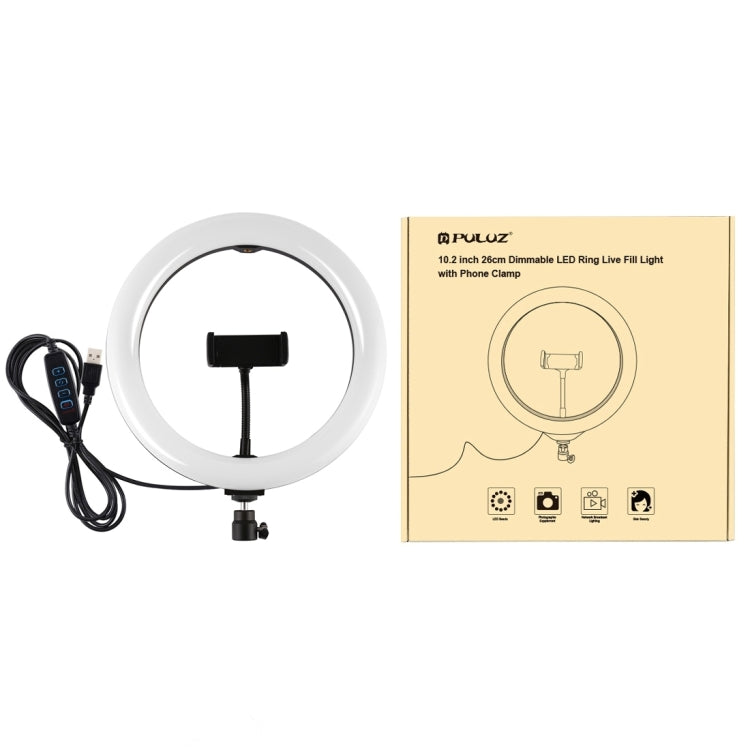 PULUZ 10,2 pulgadas 26 cm USB 3 modos regulable LED anillo vlogging selfie belleza fotografía video luces con trípode cabeza de bola y abrazadera de teléfono, 10,2 pulgadas, 10,2 pulgadas luz