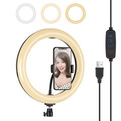 PULUZ 10.2 inch 26cm USB 3 Modes Dimmable LED Ring Vlogging Selfie Beauty Photography Video Lights with Tripod Ball Head & Phone Clamp, 10.2 inch, 10.2 inch Light