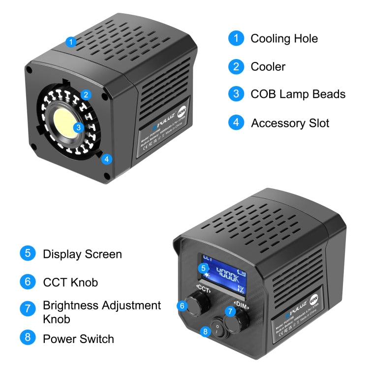 PULUZ 60W Studio Video Light 2500K-6500K Dual Color Temperature Professional Photography Fill Light