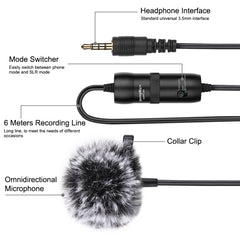 PULUZ 3.5mm Jack Lavalier Omnidirectional Condenser Recording Video Microphone, Length: 6m, Lavalier Microphone