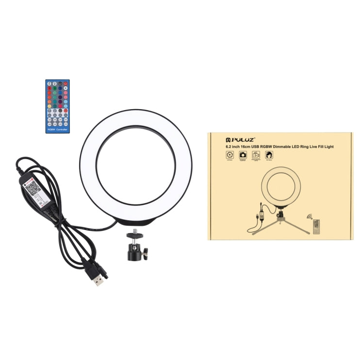 PULUZ 6.2 pulgadas 16 cm USB RGBW regulable LED anillo vlogging fotografía video luces con zapata fría trípode cabeza de bola y control remoto, 6.2 pulgadas RGBW / control remoto