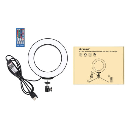 PULUZ 6.2 inch 16cm USB RGBW Dimmable LED Ring Vlogging Photography Video Lights  with Cold Shoe Tripod Ball Head & Remote Control