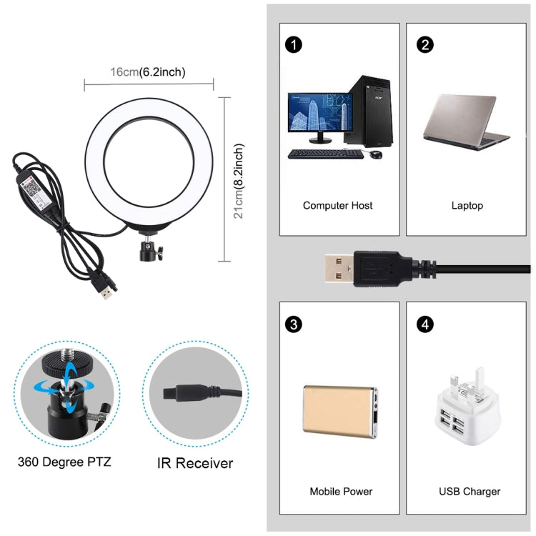 PULUZ 6.2 pulgadas 16 cm USB RGBW regulable LED anillo vlogging fotografía video luces con zapata fría trípode cabeza de bola y control remoto, 6.2 pulgadas RGBW / control remoto