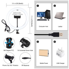 PULUZ 10,2 pulgadas 26 cm USB RGBW regulable LED anillo vlogging fotografía video luces con trípode cabeza de bola y control remoto y abrazadera de teléfono, 10,2 pulgadas RGBW / control remoto