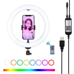 PULUZ 10,2 pulgadas 26 cm USB RGBW regulable LED anillo vlogging fotografía video luces con trípode cabeza de bola y control remoto y abrazadera de teléfono, 10,2 pulgadas RGBW / control remoto