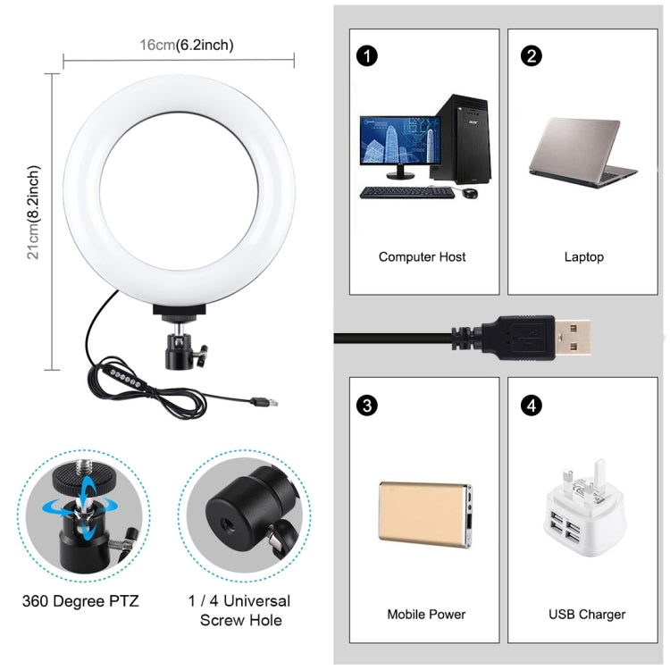 PULUZ 6.2 pulgadas 16 cm USB 10 modos 8 colores RGBW regulable LED anillo vlogging fotografía video luces con trípode cabeza de bola, 6.2 pulgadas RGBW