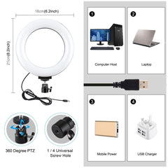 PULUZ 6.2 pulgadas 16 cm USB 10 modos 8 colores RGBW regulable LED anillo vlogging fotografía video luces con trípode cabeza de bola, 6.2 pulgadas RGBW