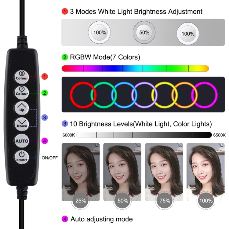 PULUZ 6.2 pulgadas 16 cm USB 10 modos 8 colores RGBW regulable LED anillo vlogging fotografía video luces con trípode cabeza de bola, 6.2 pulgadas RGBW
