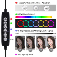 PULUZ 6.2 pulgadas 16 cm USB 10 modos 8 colores RGBW regulable LED anillo vlogging fotografía video luces con trípode cabeza de bola, 6.2 pulgadas RGBW