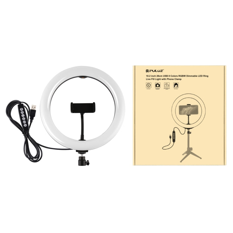 PULUZ 10,2 pulgadas 26 cm USB 10 modos 8 colores RGBW regulable LED anillo vlogging fotografía video luces con zapata fría trípode cabeza de bola y abrazadera de teléfono, 10,2 pulgadas RGBW