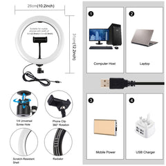 PULUZ 10,2 pulgadas 26 cm USB 10 modos 8 colores RGBW regulable LED anillo vlogging fotografía video luces con zapata fría trípode cabeza de bola y abrazadera de teléfono, 10,2 pulgadas RGBW