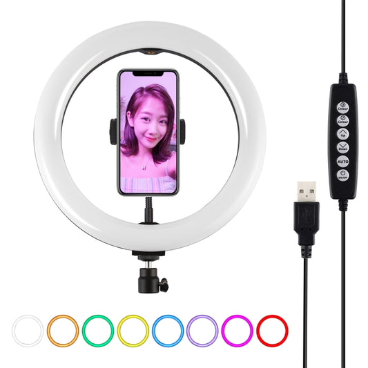 PULUZ 10,2 Zoll 26 cm USB 10 Modi 8 Farben RGBW dimmbare LED-Ring-Vlogging-Fotografie-Videoleuchten mit Cold Shoe-Stativ-Kugelkopf und Telefonklemme, 10,2 Zoll RGBW