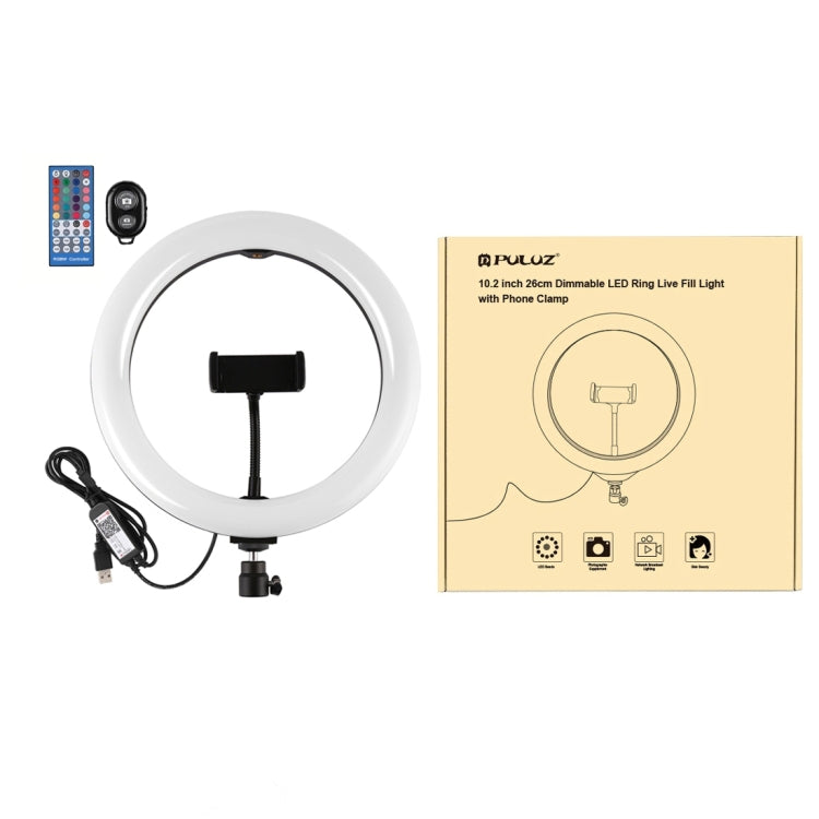 Anillo de luces LED regulables PULUZ de 10,2 pulgadas y 26 cm con superficie curva, USB RGBW, para fotografía, video, vlogging, con cabezal de bola para trípode, control remoto y abrazadera para teléfono, 10,2 pulgadas RGBW