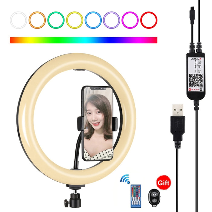 PULUZ 10,2 Zoll 26 cm gebogene Oberfläche USB RGBW dimmbare LED-Ring-Videoleuchten für Vlogging-Fotografie mit Stativ-Kugelkopf &amp; Fernbedienung &amp; Telefonklemme, 10,2 Zoll RGBW