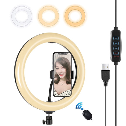 PULUZ 10.2 inch 26cm USB 3 Modes Dimmable Dual Color Temperature LED Curved Diffuse Light Ring Vlogging Selfie Photography Video Lights with Phone Clamp