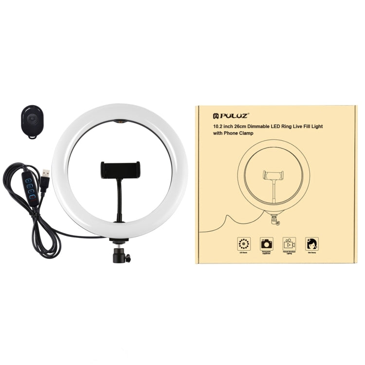 PULUZ Anillo de luz LED difusa curva de 10,2 pulgadas y 26 cm con USB, 3 modos, regulable, temperatura de color dual, para vlogs, selfies, fotografía, video, luces con abrazadera para teléfono, 10,2 pulgadas