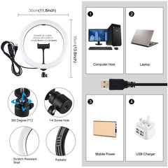 Anillo de luz difusa curva LED de temperatura de color dual regulable con 3 modos y USB de 11,8 pulgadas y 30 cm de PULUZ para fotografía, video y selfies con abrazadera para teléfono, 11,8 pulgadas