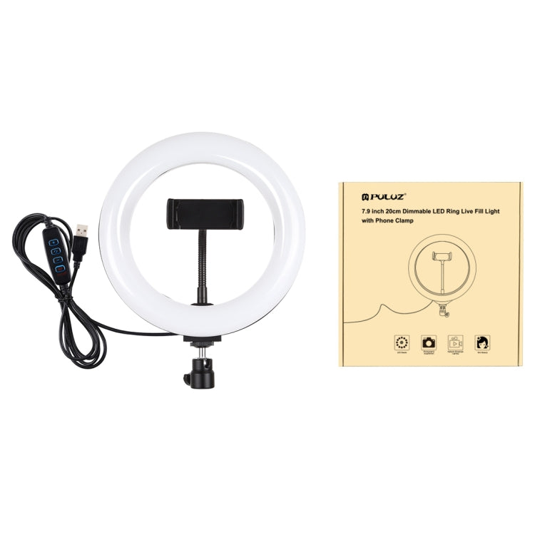 Anillo de luz LED curvo PULUZ de 7,9 pulgadas y 20 cm con USB, 3 modos, regulable, temperatura de color dual, para vlogs, selfies, fotografía, video, luces con abrazadera para teléfono, 7,9 pulgadas