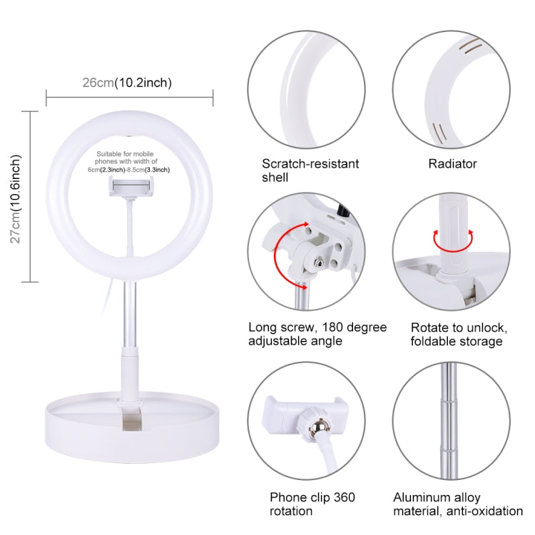 PULUZ 10.2 inch 26cm USB 3 Modes Dimmable Dual Color Temperature LED Curved  Ring Vlogging Selfie Photography Video Lights with Bluetooth Remote Shutter & Folding Desktop Holder & Phone Clamp