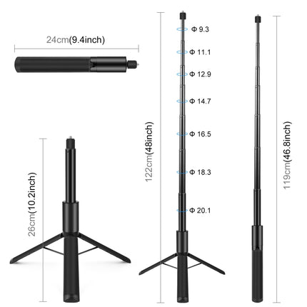 PULUZ 1.22m Retractable Invisible Selfie Stick with Tripod For Insta360 X4 / X3