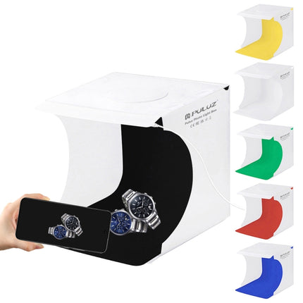 PULUZ 20 cm zusammenklappbares tragbares 550 lm-Fotobeleuchtungs-Studio-Shooting-Zelt-Box-Set mit 6 Farbhintergründen (Schwarz, Weiß, Orange, Rot, Grün, Blau), Größe ausgeklappt: 24 cm x 23 cm x 23 cm, 20 cm Box, 20 cm Box (USA), 20 cm Box (VAE-Lager)