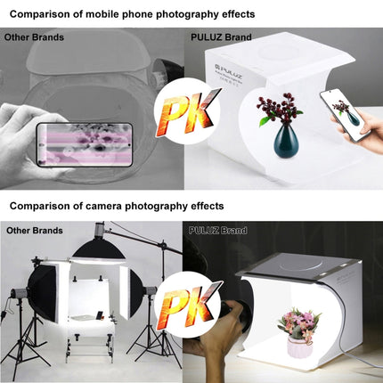 PULUZ 20 cm zusammenklappbares tragbares 550 lm-Fotobeleuchtungs-Studio-Shooting-Zelt-Box-Set mit 6 Farbhintergründen (Schwarz, Weiß, Orange, Rot, Grün, Blau), Größe ausgeklappt: 24 cm x 23 cm x 23 cm, 20 cm Box, 20 cm Box (USA), 20 cm Box (VAE-Lager)