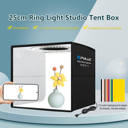PULUZ 25 cm zusammenklappbare tragbare Ringleuchte mit hohem 97 CRI, Fotobeleuchtung, Studio-Shooting-Zeltbox mit 12 Farbhintergründen, Größe: 25 cm x 25 cm x 25 cm, 25 cm hohe CRI-Box