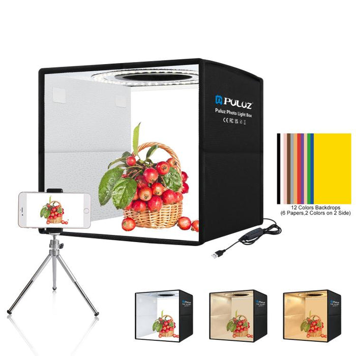 PULUZ 25cm Folding Portable 3 Modes Dual Color Temperature Ring Light Photo Lighting Studio Shooting Tent Box with 6 x Dual-side Color Backdrops, Size: 25cm x 25cm x 25cm, 25cm 3 Color Temp. Box Black