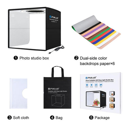 PULUZ 25cm Folding Portable 3 Modes Dual Color Temperature Ring Light Photo Lighting Studio Shooting Tent Box with 6 x Dual-side Color Backdrops, Size: 25cm x 25cm x 25cm, 25cm 3 Color Temp. Box Black