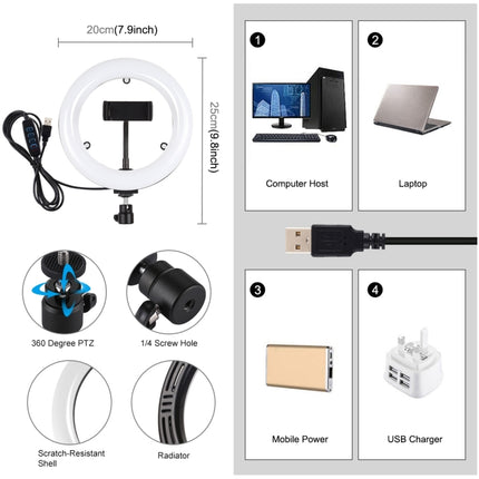 PULUZ 7.9 inch 20cm USB 3 Modes Dimmable Dual Color Temperature LED Curved Light Ring Vlogging Selfie Photography Video Lights with Mirror